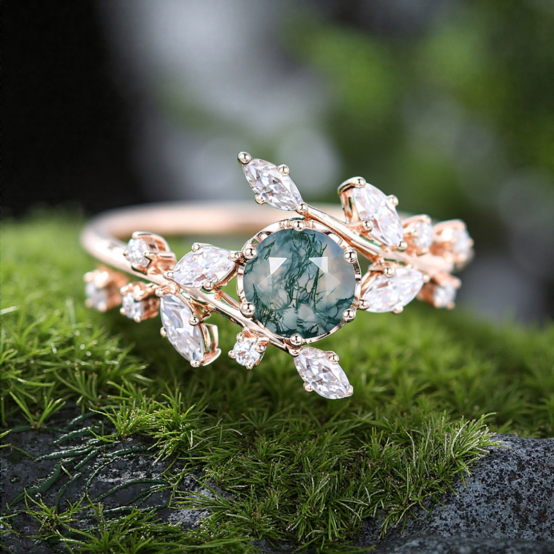 1.21ct Round Cut Moss Agate & Marquise Cut Moissanite S925 Silver Promise