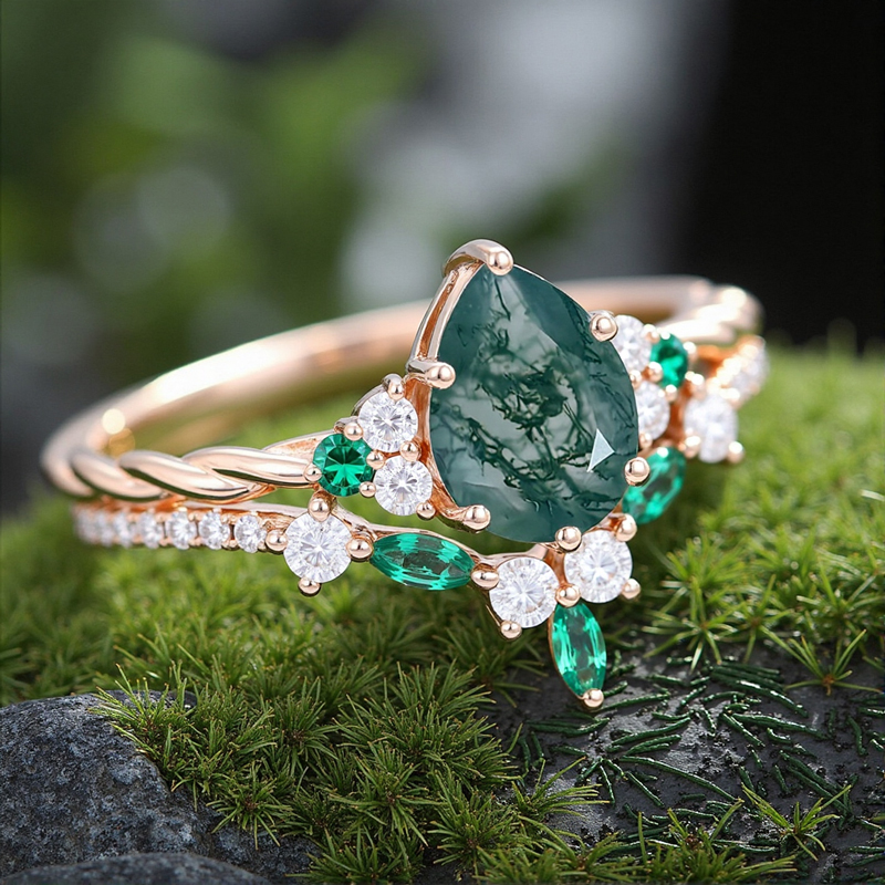 1.59ct Pear Cut Moss Agate & Round Cut Moissanite S925 Silver Engagement - Image 4