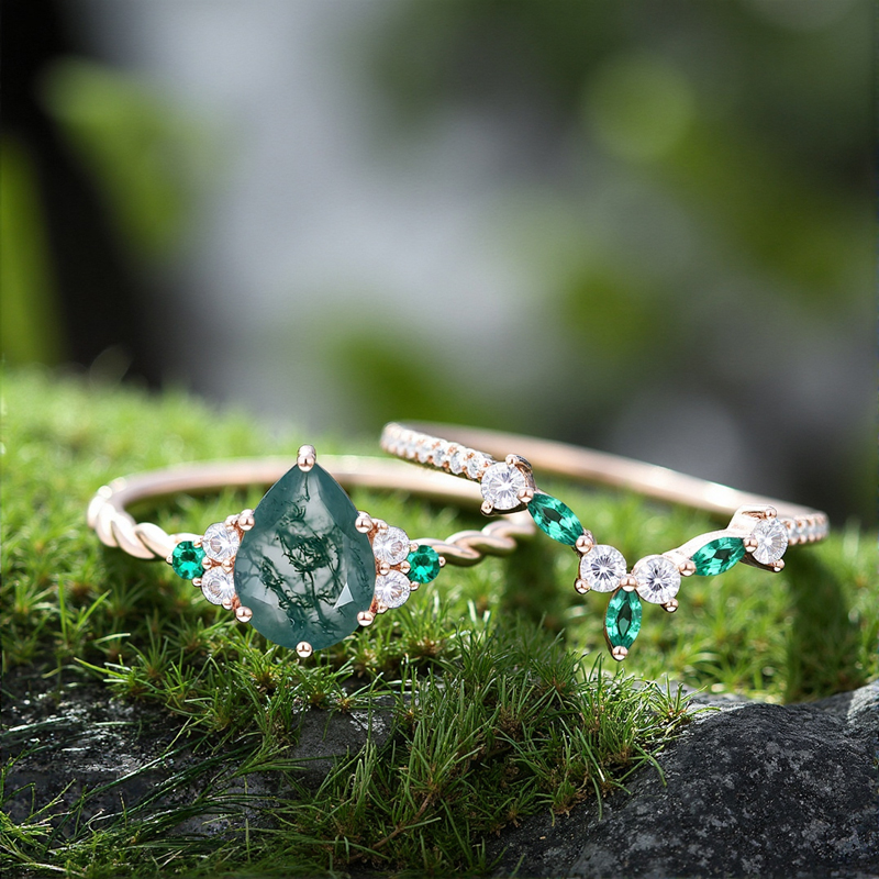 1.59ct Pear Cut Moss Agate & Round Cut Moissanite S925 Silver Engagement - Image 5