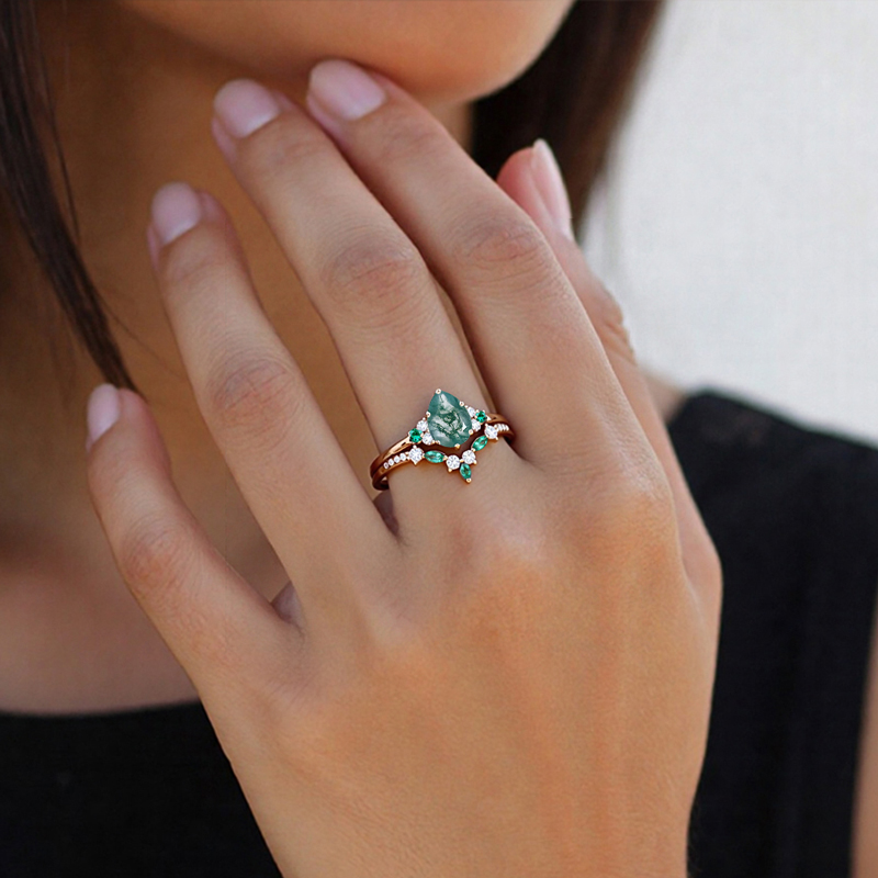 1.59ct Pear Cut Moss Agate & Round Cut Moissanite S925 Silver Engagement - Image 6