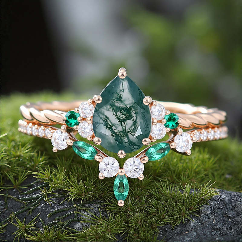 1.59ct Pear Cut Moss Agate & Round Cut Moissanite S925 Silver Engagement