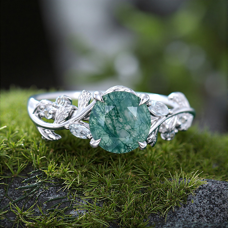 1.09ct Round Cut Moss Agate & Marquise Cut Moissanite S925 Silver