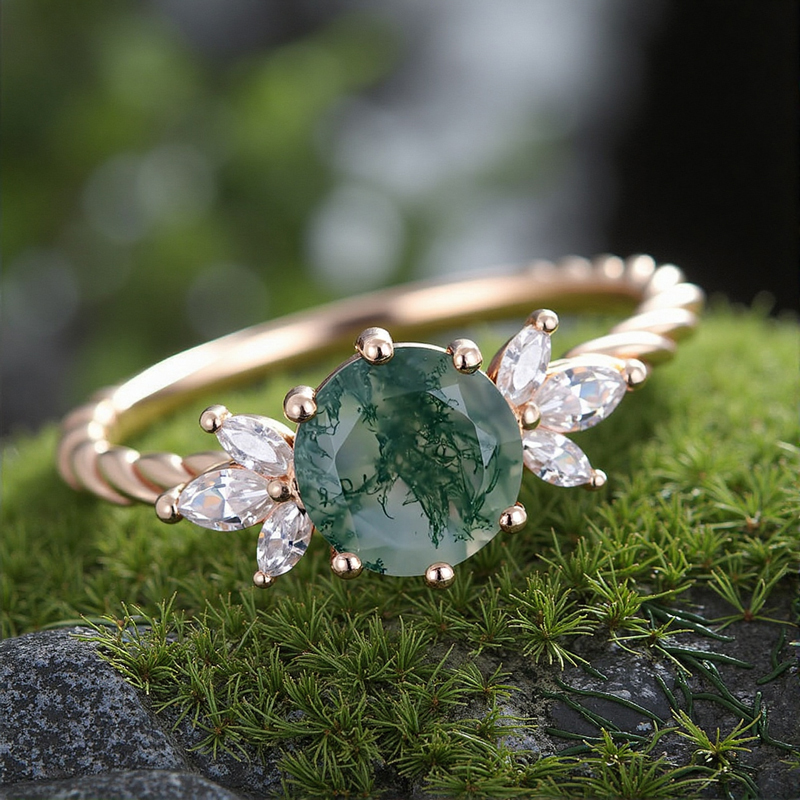 1.24ct Round Cut Moss Agate & Marquise Cut Moissanite S925 Silver Twisted - Image 4