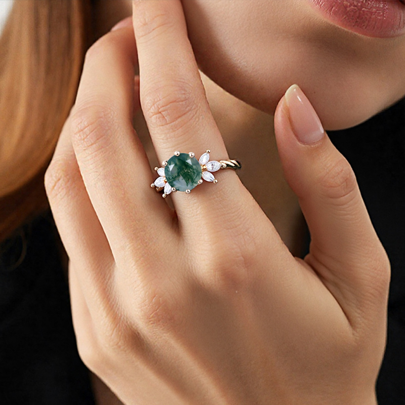 1.24ct Round Cut Moss Agate & Marquise Cut Moissanite S925 Silver Twisted - Image 6
