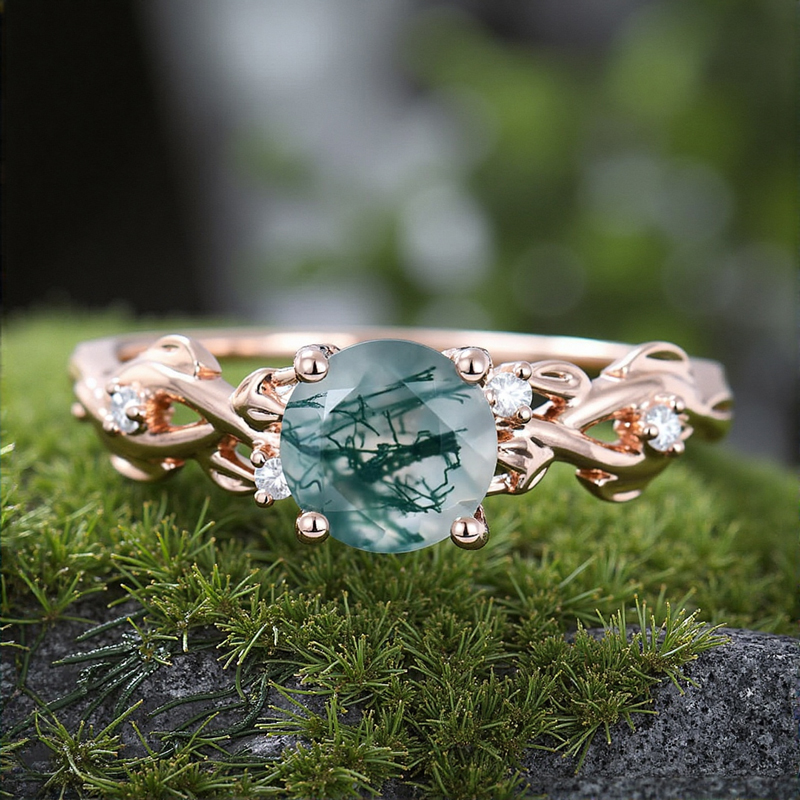 1.06ct Round Cut Moss Agate & Moissanite S925 Silver Leaf Engagement Ring
