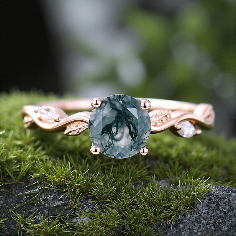 1.06ct Round Cut Moss Agate & Marquise Cut Moissanite S925 Silver Nature