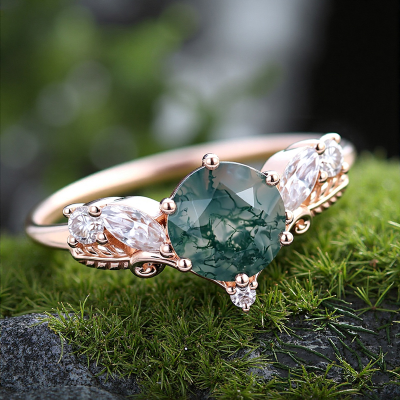 1.125ct Round Cut Moss Agate & Moissanite S925 Silver V Shaped Engagement - Image 5