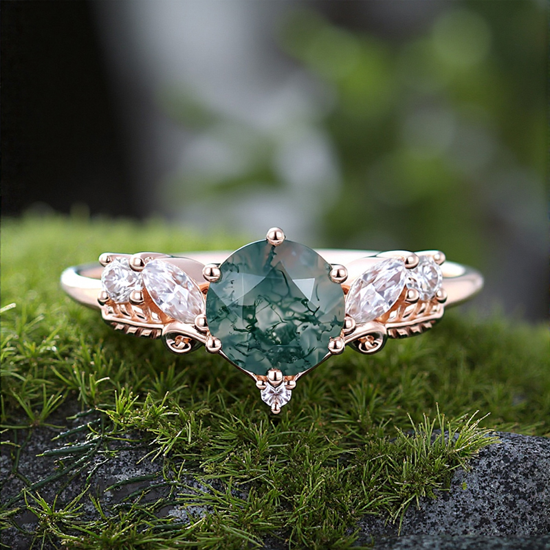 1.125ct Round Cut Moss Agate & Moissanite S925 Silver V Shaped Engagement