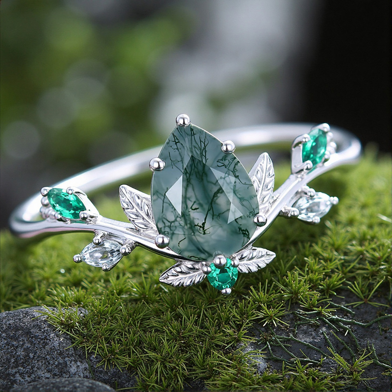 1.35ct Pear Cut Moss Agate & Marquise Cut Diamond S925 Silver Engagement - Image 4