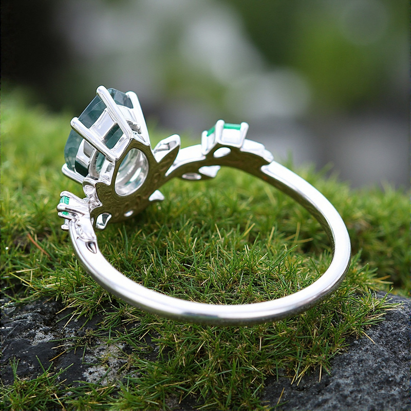 1.35ct Pear Cut Moss Agate & Marquise Cut Diamond S925 Silver Engagement - Image 5