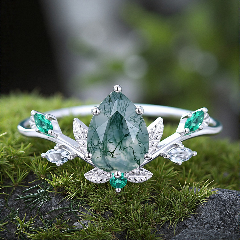 1.35ct Pear Cut Moss Agate & Marquise Cut Diamond S925 Silver Engagement