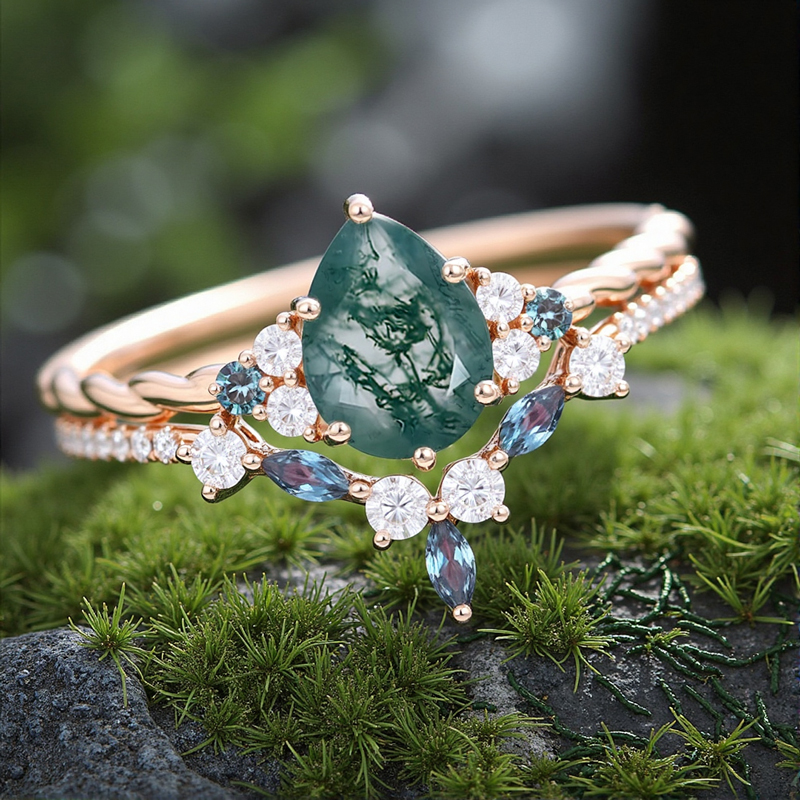1.93ct Pear Cut Moss Agate & Round Cut Moissanite S925 Silver Engagement - Image 5