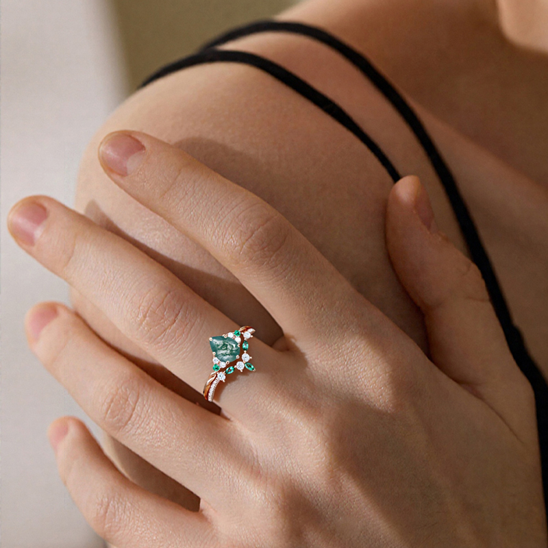 1.93ct Pear Cut Moss Agate & Round Cut Moissanite S925 Silver Engagement - Image 6