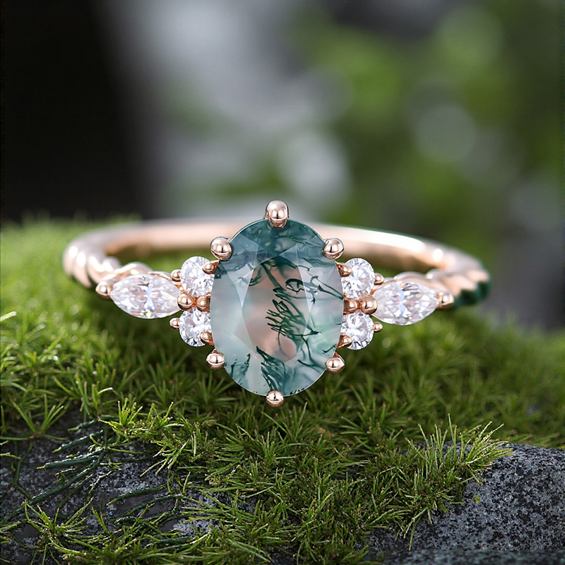 1.72ct Oval Cut Moss Agate & Round Cut Moissanite Twisted Band S925 Silver