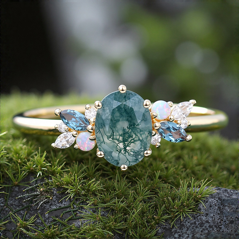 1.97ct Oval Cut Moss Agate Mixed Gemstones Cluster S925 Silver Engagement