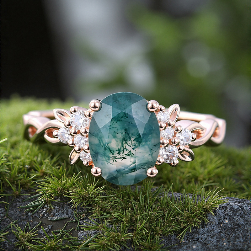 2.02ct Oval Cut Moss Agate & Round Cut Moissanite S925 Silver With Braid