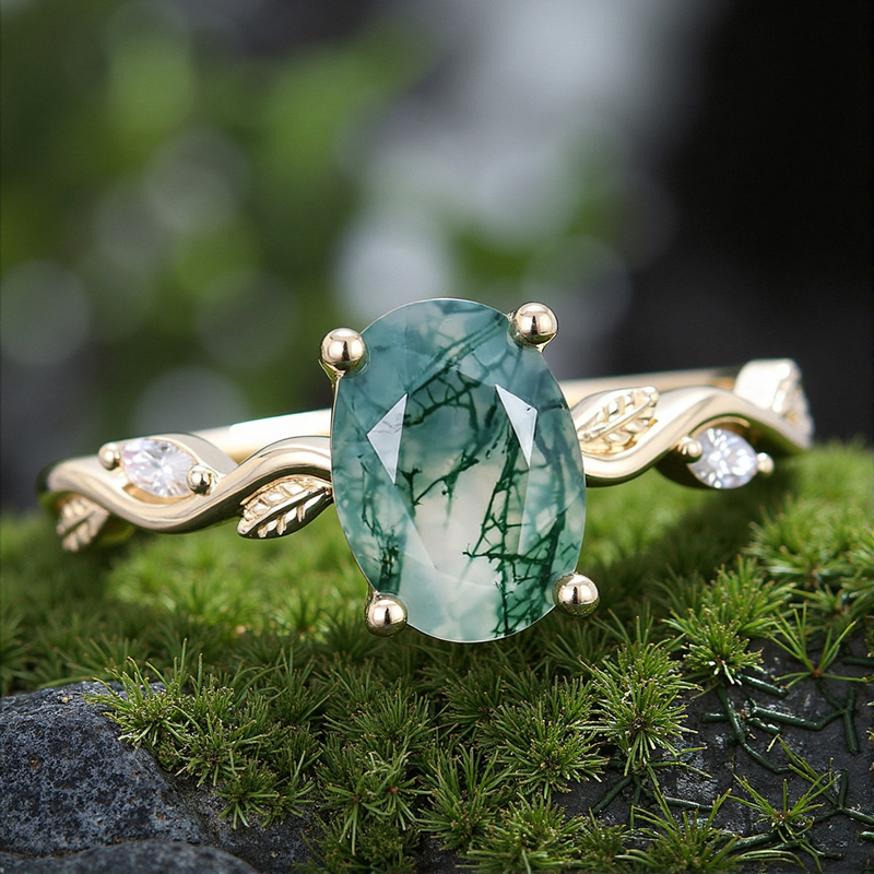1.56ct Oval Cut Moss Agate & Marquise Cut Moissanite S925 Silver Nature - Image 4