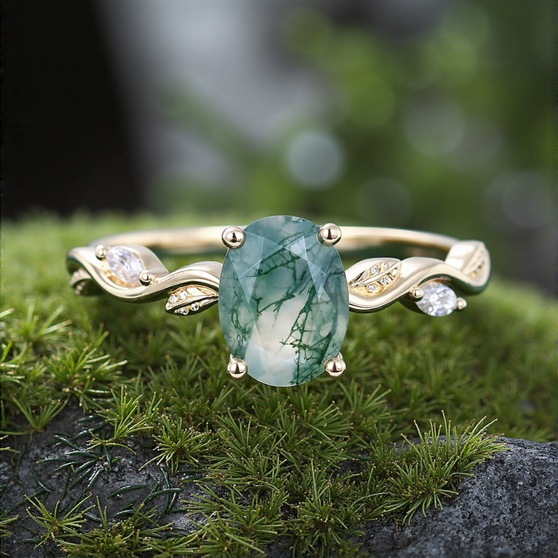 1.56ct Oval Cut Moss Agate & Marquise Cut Moissanite S925 Silver Nature