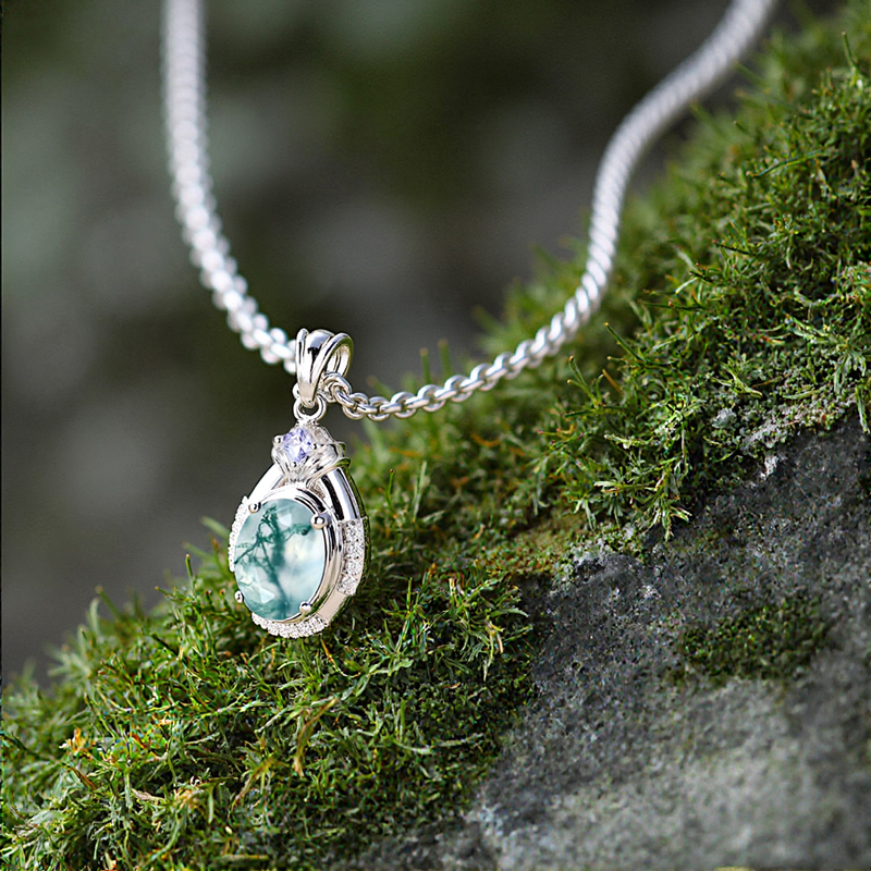 1.615ct Oval Cut Moss Agate & Round Cut Moissanite S925 Silver Pendant - Image 4