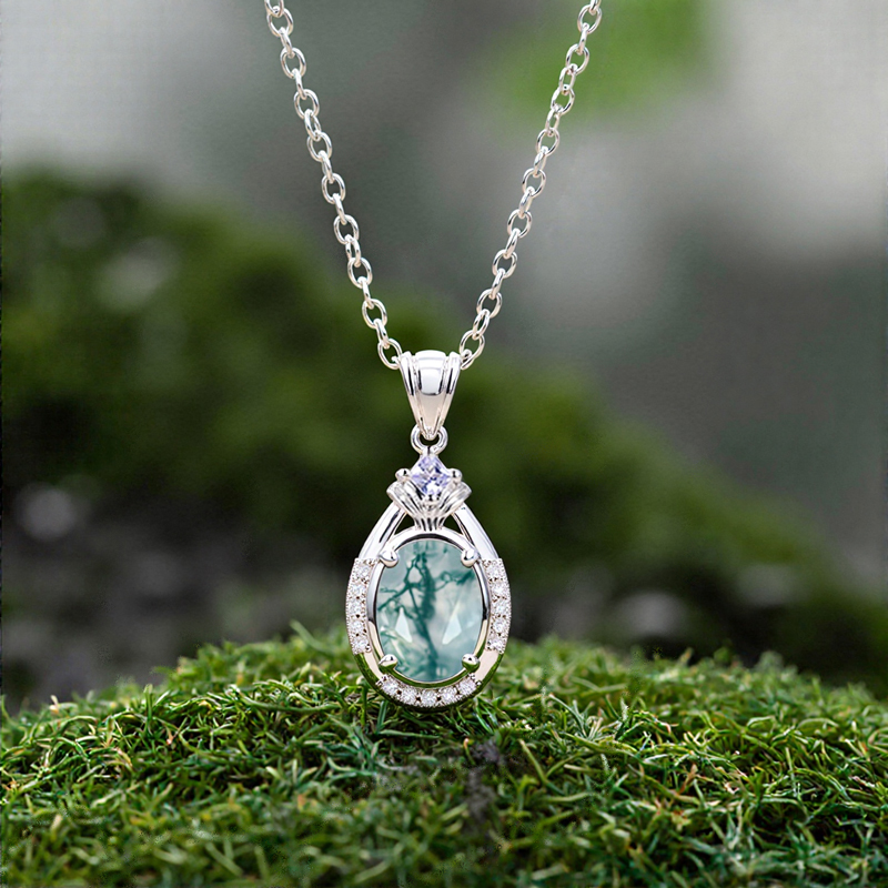 1.615ct Oval Cut Moss Agate & Round Cut Moissanite S925 Silver Pendant