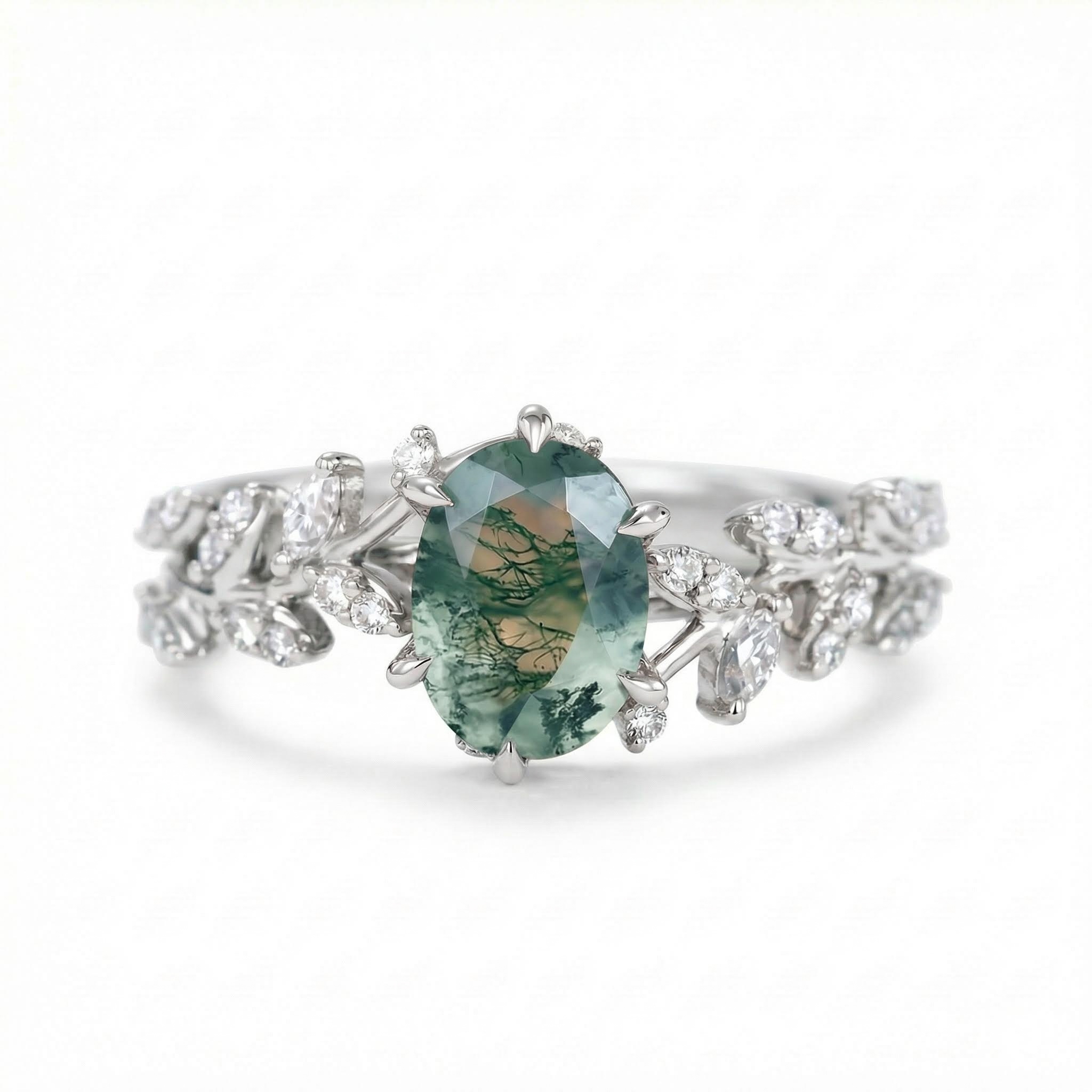 1.95ct Oval Cut Moss Agate & Round Cut Moissanite S925 Silver Nature Themed - Image 5