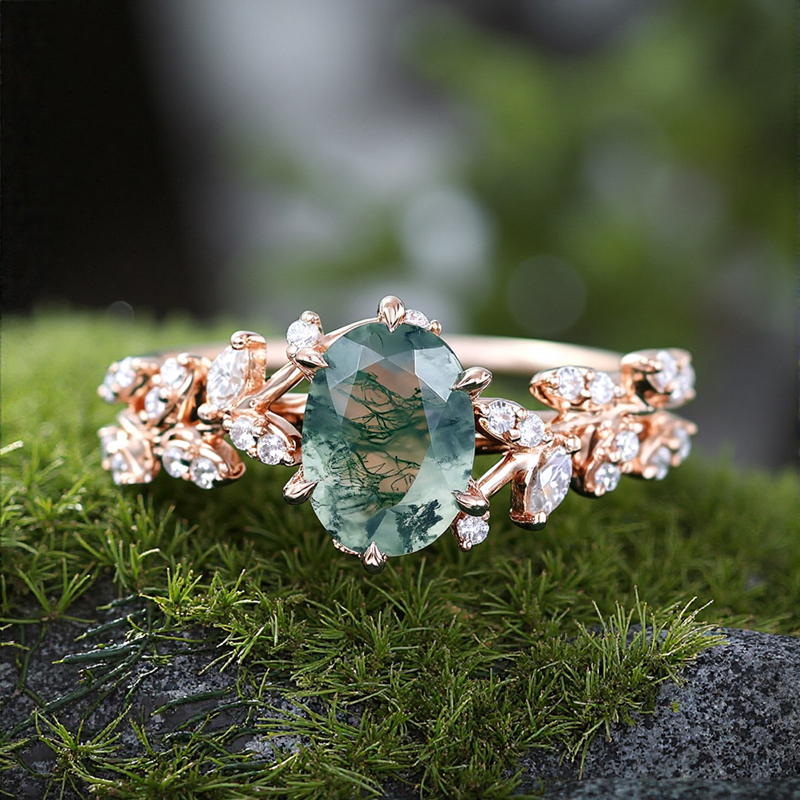 1.95ct Oval Cut Moss Agate & Round Cut Moissanite S925 Silver Nature Themed - Image 7
