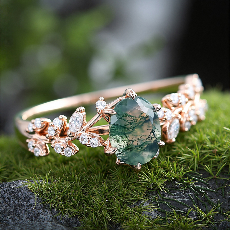 1.95ct Oval Cut Moss Agate & Round Cut Moissanite S925 Silver Nature Themed - Image 9