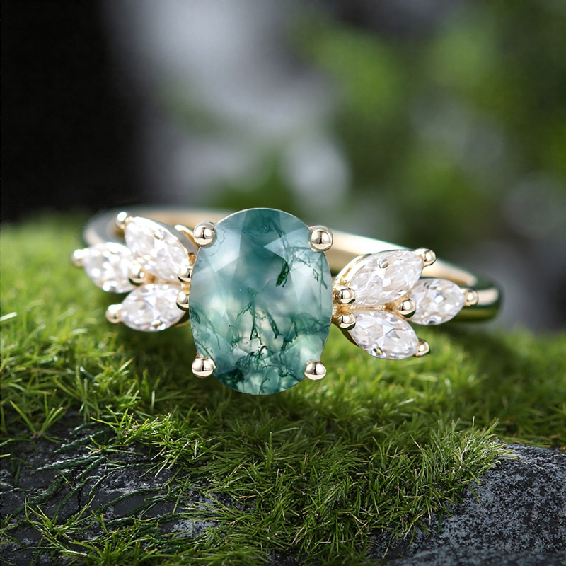 1.74ct Oval Cut Moss Agate & Marquise Cut Moissanite S925 Silver Engagement - Image 4