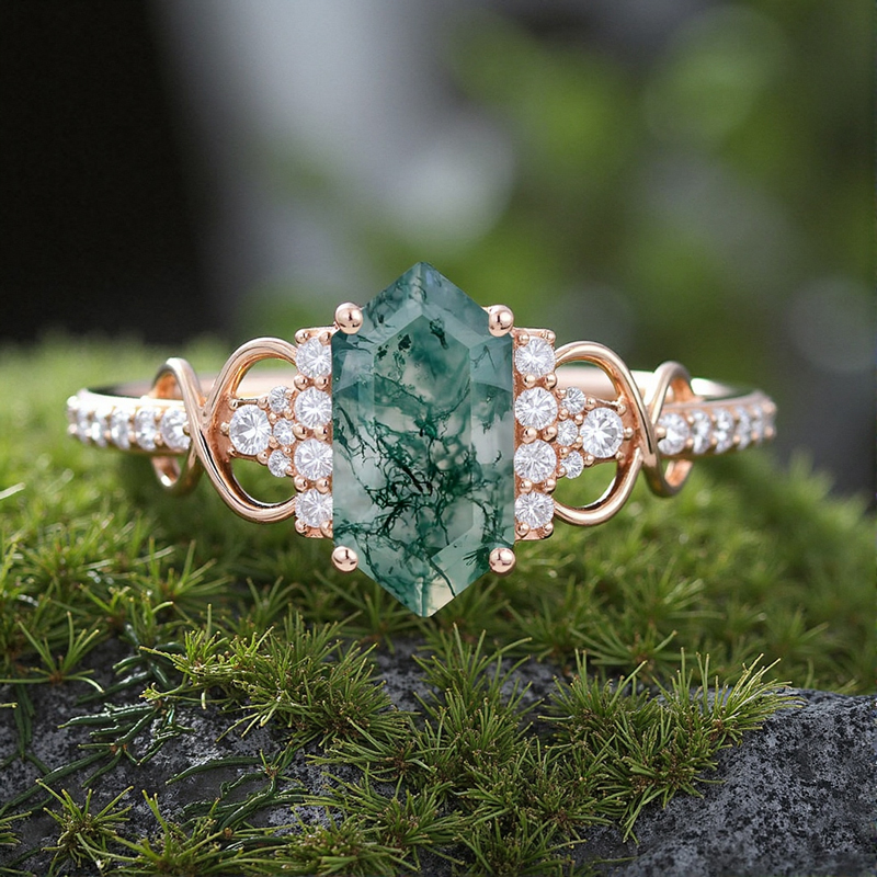 1.826ct Elongated Hexagon Cut Moss Agate & Round Cut Moissanite S925 Silver