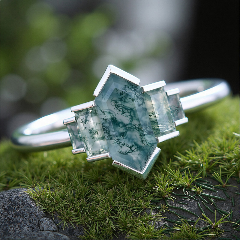 1.67ct Elongated Hexagon & Baguette Cut Moss Agate Art Deco Engagement Ring - Image 4