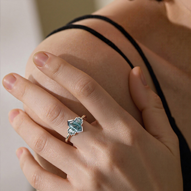1.67ct Elongated Hexagon & Baguette Cut Moss Agate Art Deco Engagement Ring - Image 5
