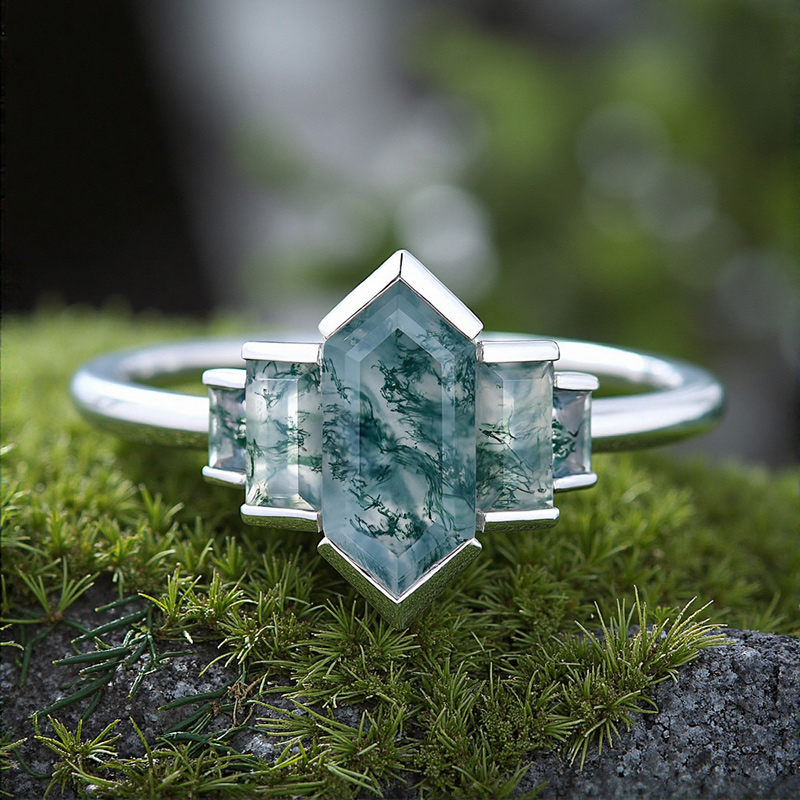 1.67ct Elongated Hexagon & Baguette Cut Moss Agate Art Deco Engagement Ring