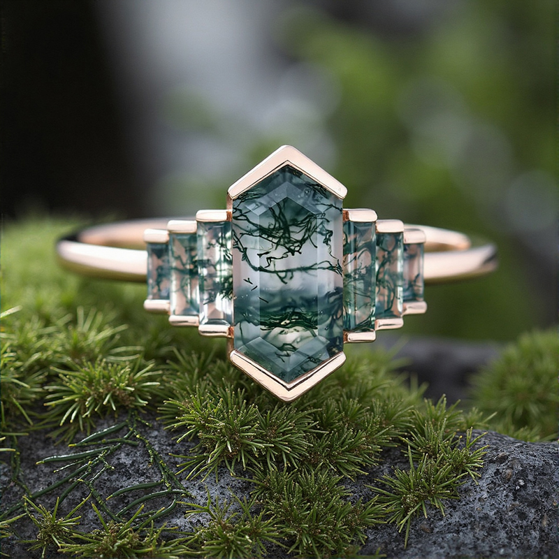 1.6ct Elongated Hexagon Moss Agate Baguette Accented Bridal S925 Silver - Image 3