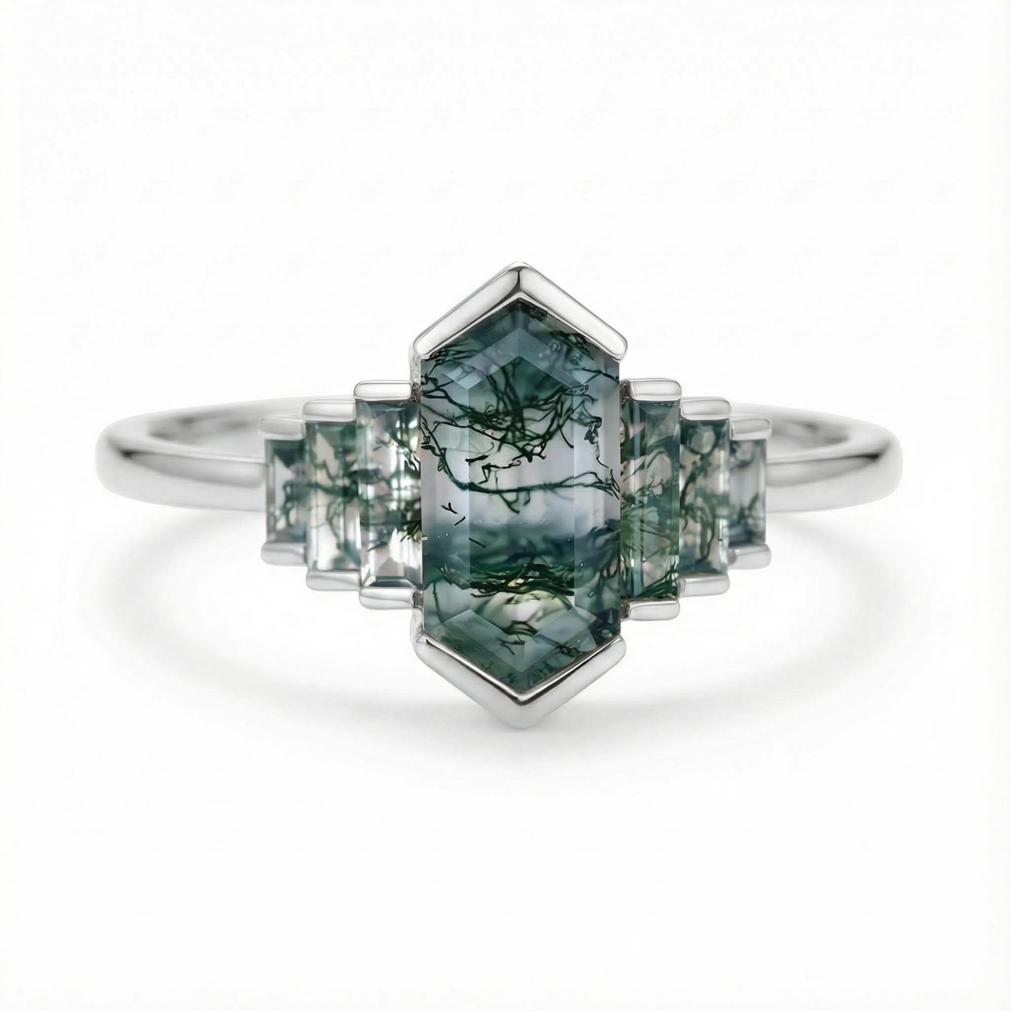 1.6ct Elongated Hexagon Moss Agate Baguette Accented Bridal S925 Silver - Image 4