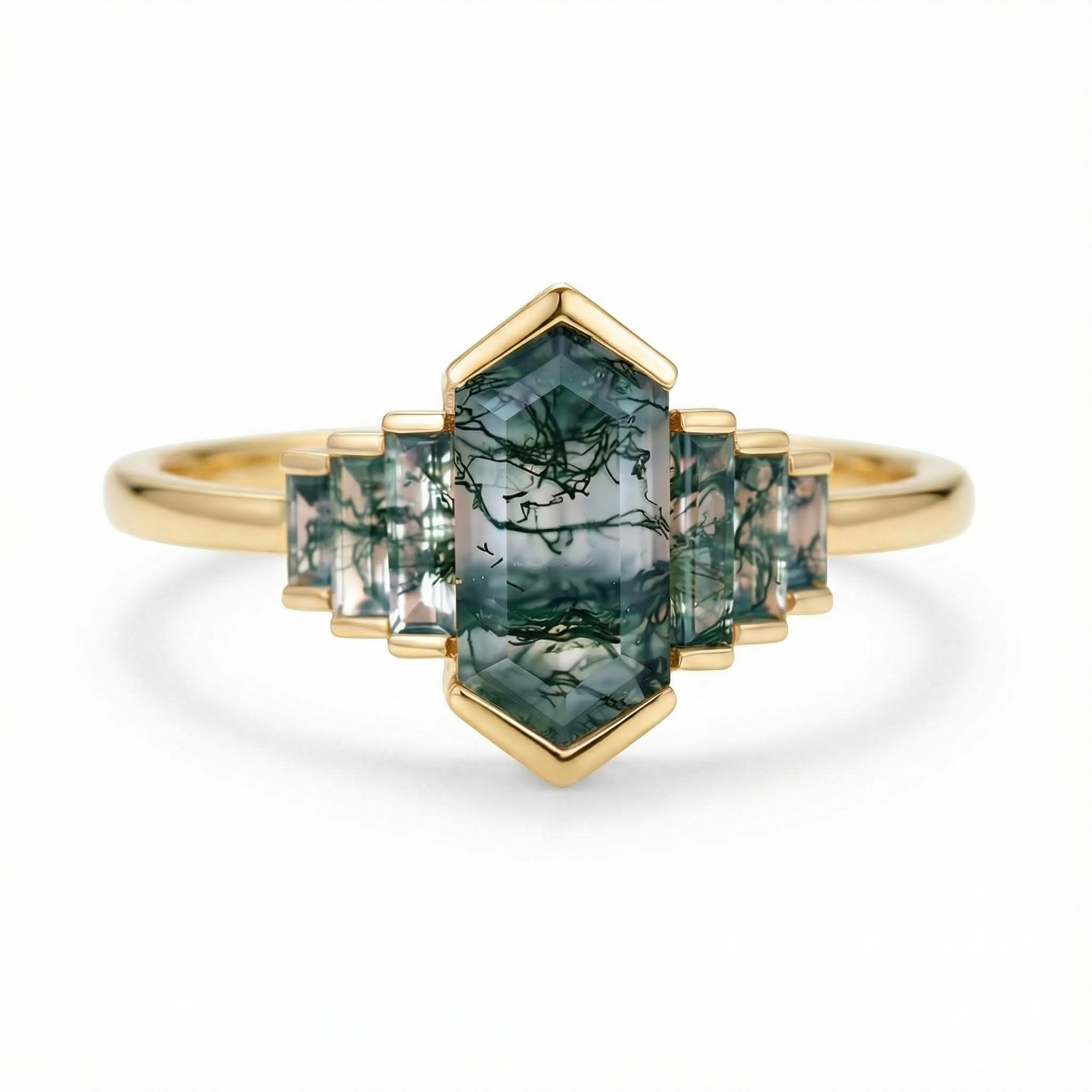 1.6ct Elongated Hexagon Moss Agate Baguette Accented Bridal S925 Silver - Image 5