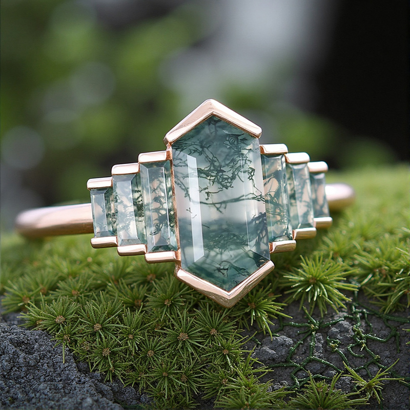 1.6ct Elongated Hexagon Moss Agate Baguette Accented Bridal S925 Silver - Image 6