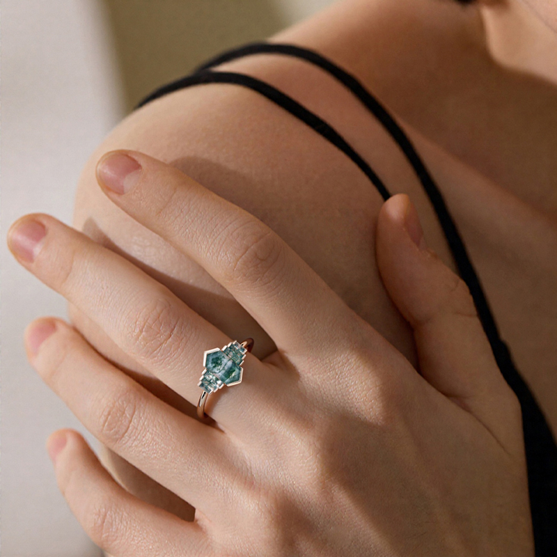 1.6ct Elongated Hexagon Moss Agate Baguette Accented Bridal S925 Silver - Image 8
