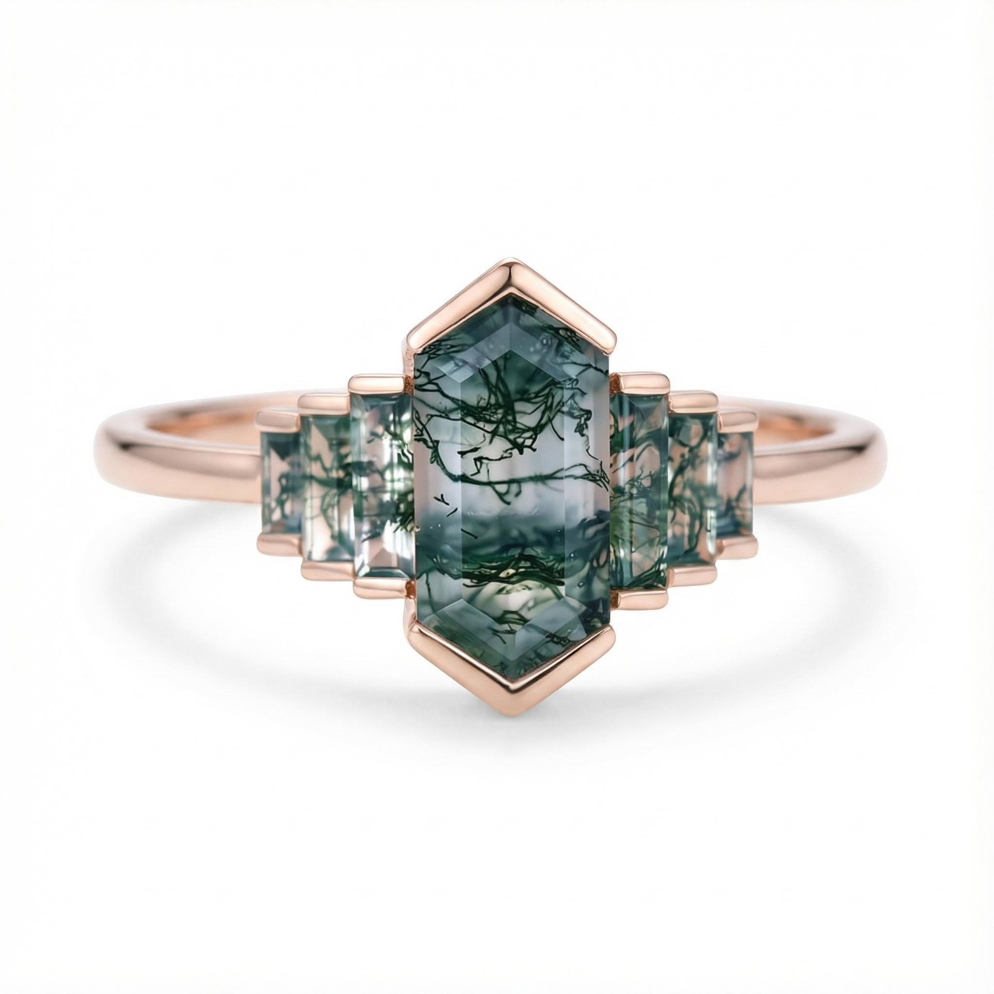 1.6ct Elongated Hexagon Moss Agate Baguette Accented Bridal S925 Silver