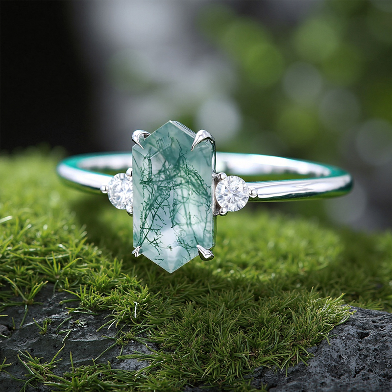 1.26ct Elongated Hexagon Cut Moss Agate Three Stone S925 Silver Engagement - Image 4