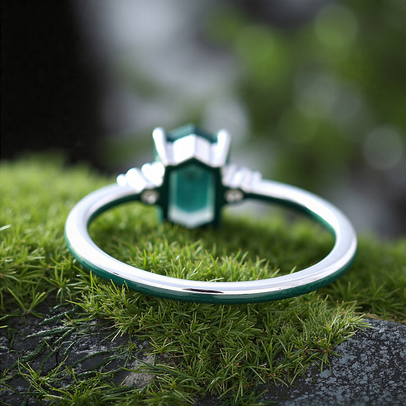 1.26ct Elongated Hexagon Cut Moss Agate Three Stone S925 Silver Engagement - Image 5
