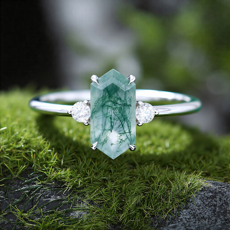1.26ct Elongated Hexagon Cut Moss Agate Three Stone S925 Silver Engagement