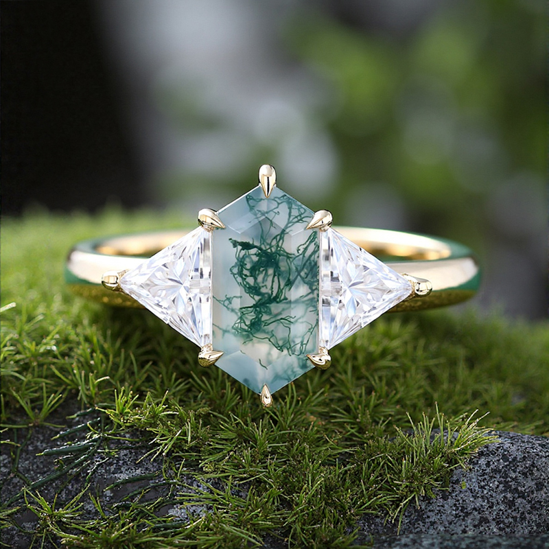 1.6ct Elongated Hexagon Cut Moss Agate Three Stone Promise S925 Silver