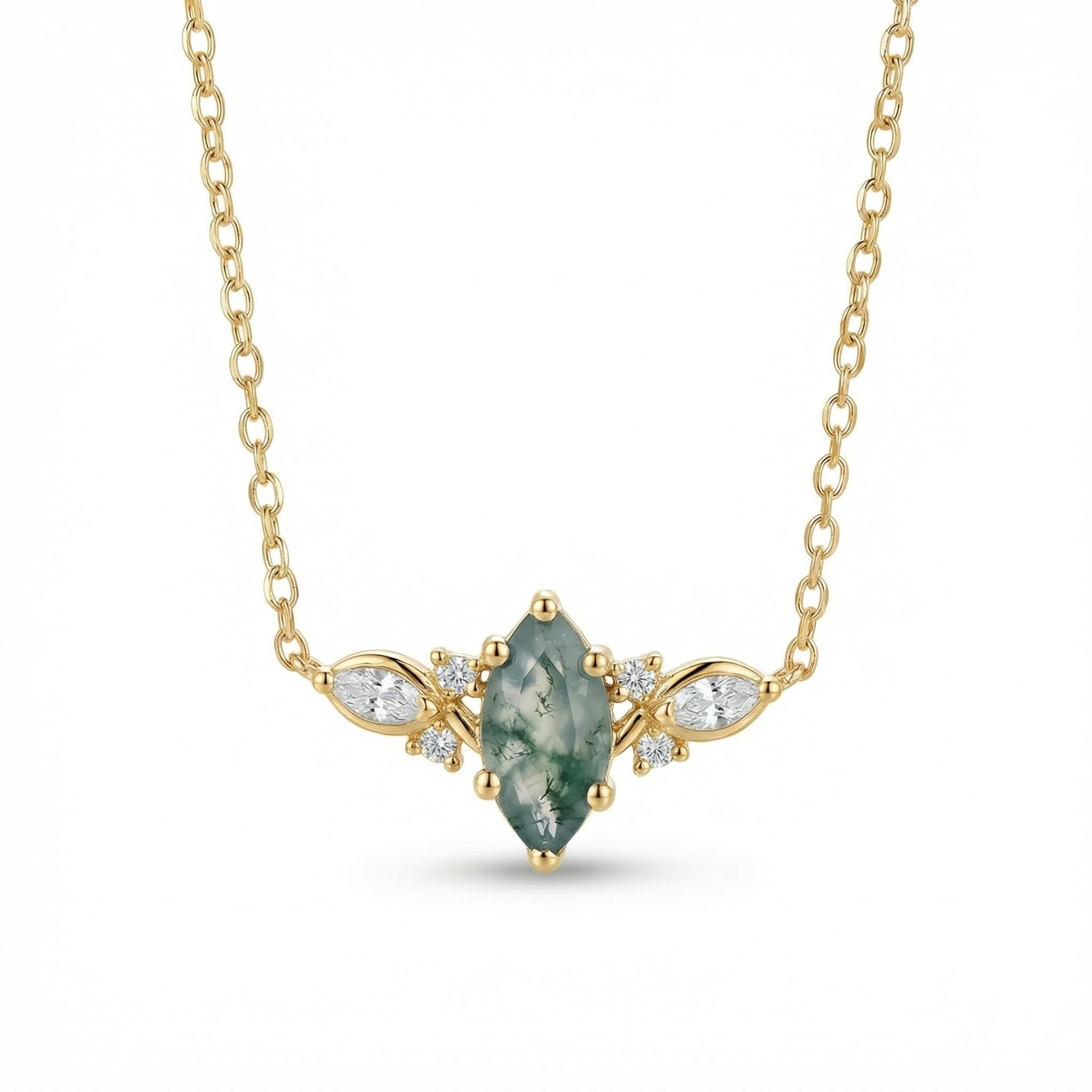 1.12ct Marquise Cut Moss Agate & Round Cut Moissanite S925 Silver Pendant - Image 4