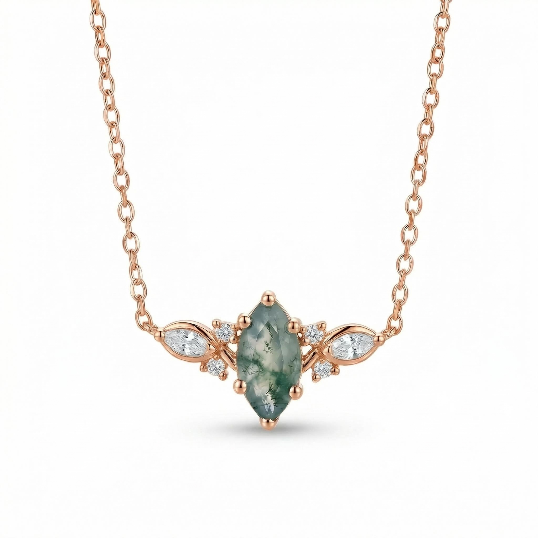 1.12ct Marquise Cut Moss Agate & Round Cut Moissanite S925 Silver Pendant - Image 5