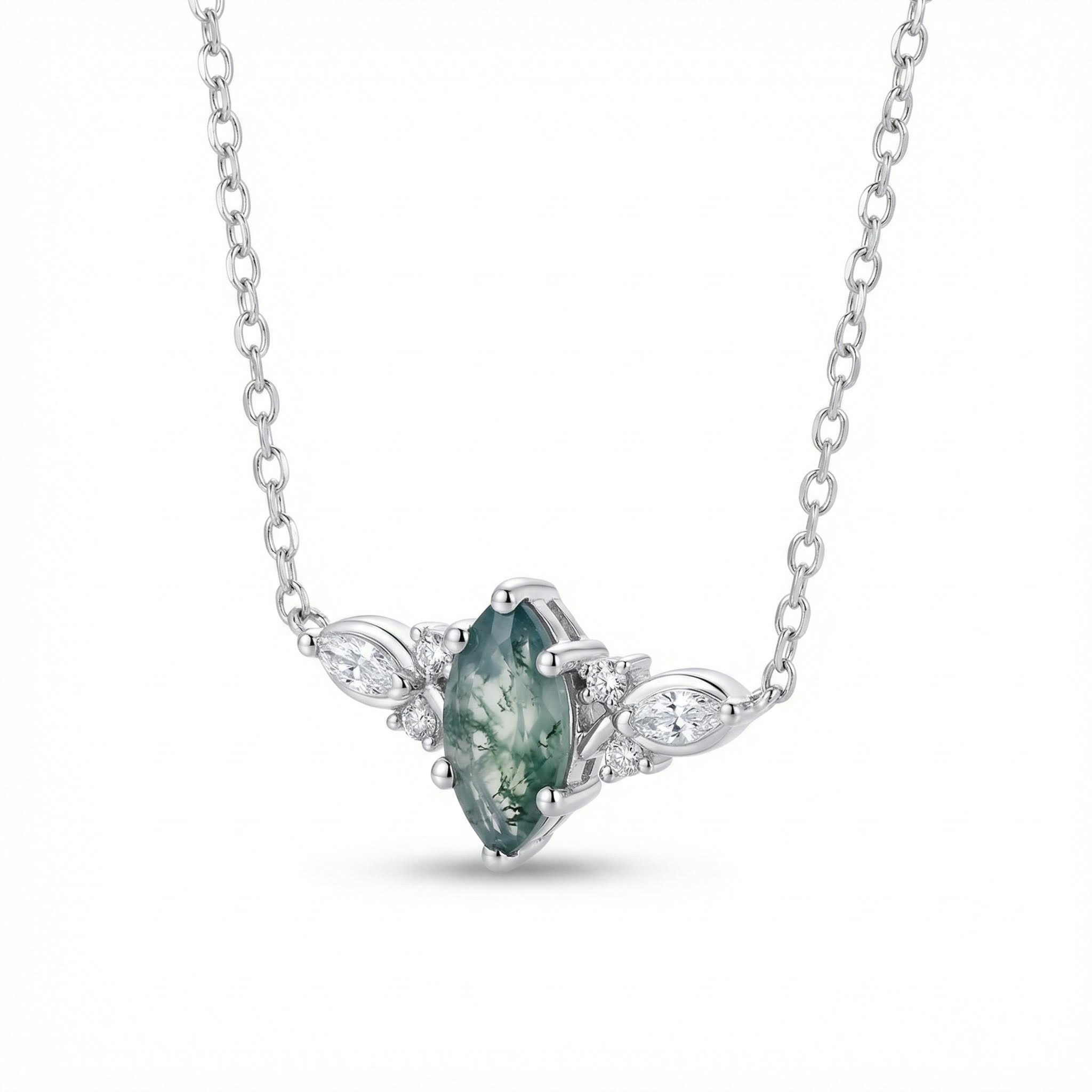 1.12ct Marquise Cut Moss Agate & Round Cut Moissanite S925 Silver Pendant - Image 6