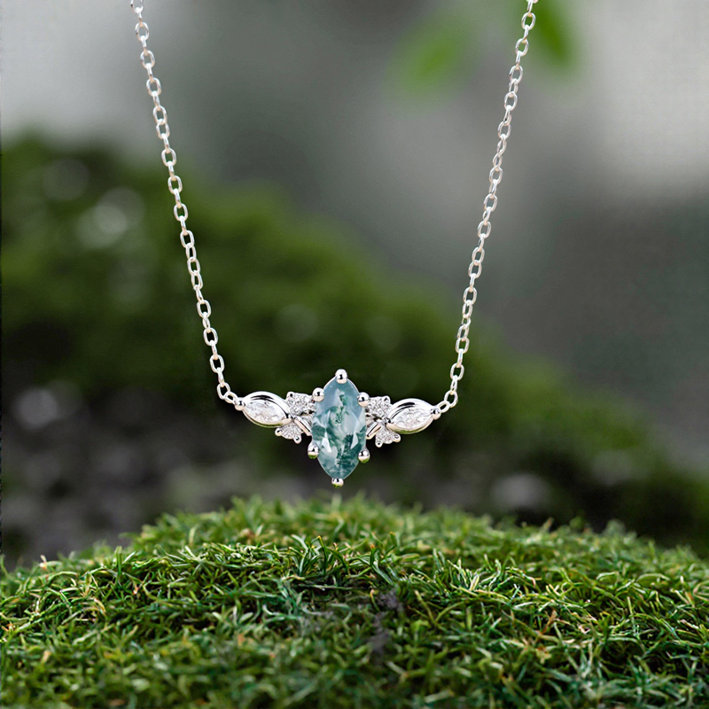 1.12ct Marquise Cut Moss Agate & Round Cut Moissanite S925 Silver Pendant - Image 7