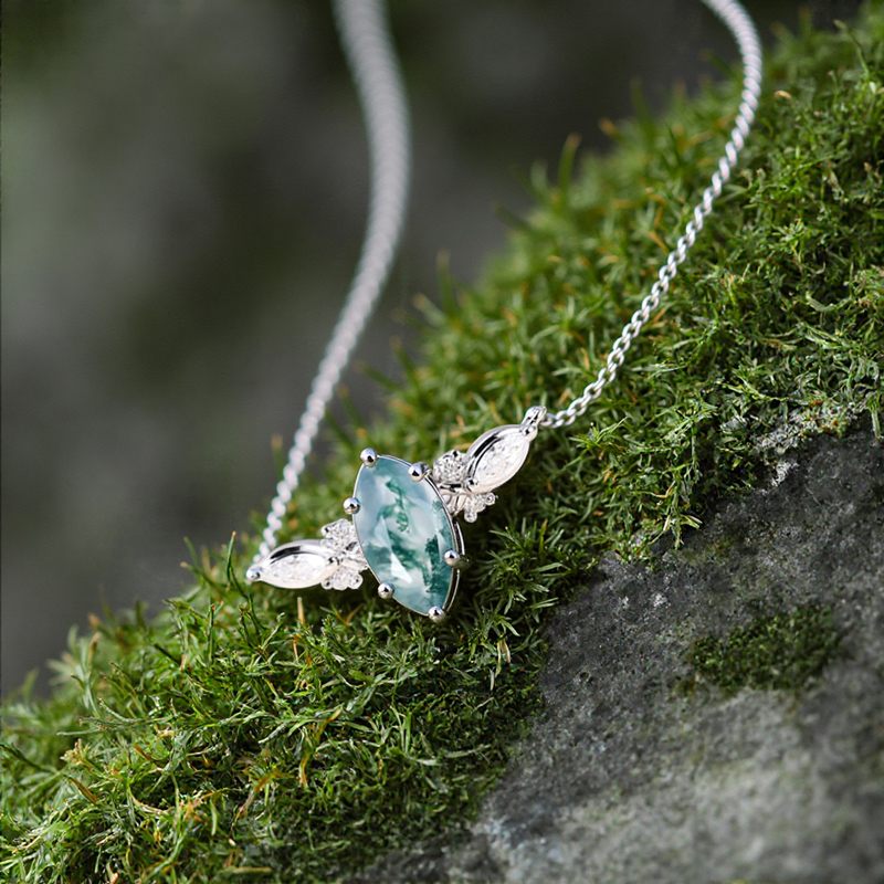 1.12ct Marquise Cut Moss Agate & Round Cut Moissanite S925 Silver Pendant - Image 9