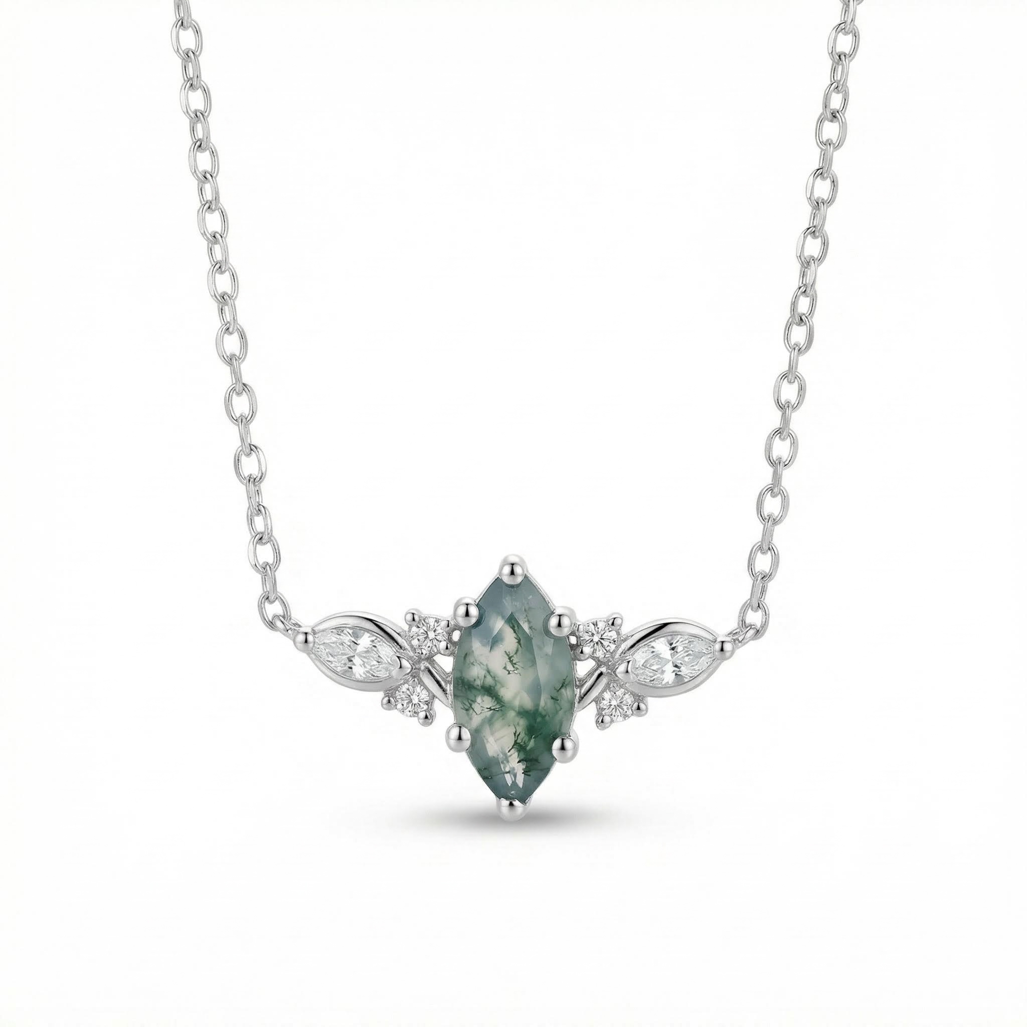1.12ct Marquise Cut Moss Agate & Round Cut Moissanite S925 Silver Pendant