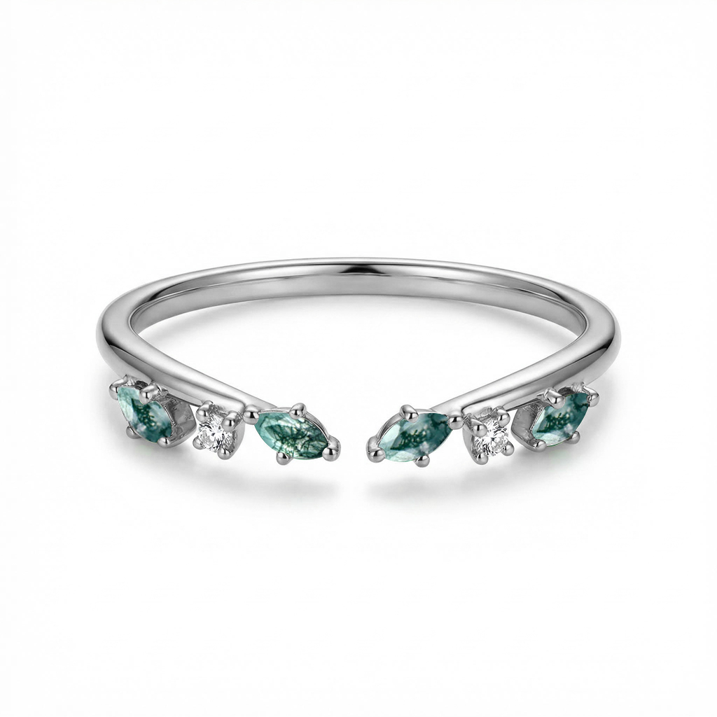 0.2ct Marquise Cut Moss Agate & Round Cut Moissanite S925 Silver Wedding - Image 6