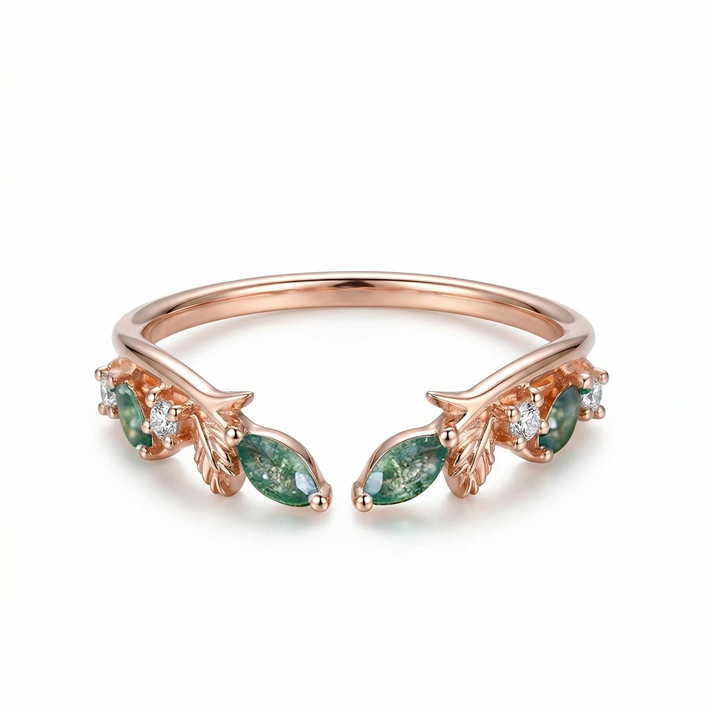 0.225ct Marquise Cut Moss Agate & Round Cut Moissanite S925 Silver Wedding